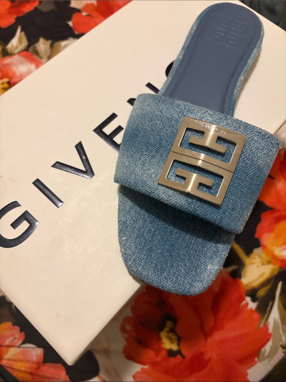 Givenchy Denim Blue Slide Sandal with Silver Logo Plaque
